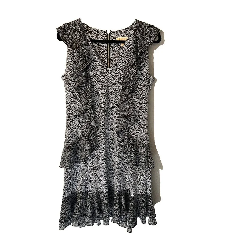 Michael Kors Dress Black White L Large Fluttery Floral Print V Neck Ruffle